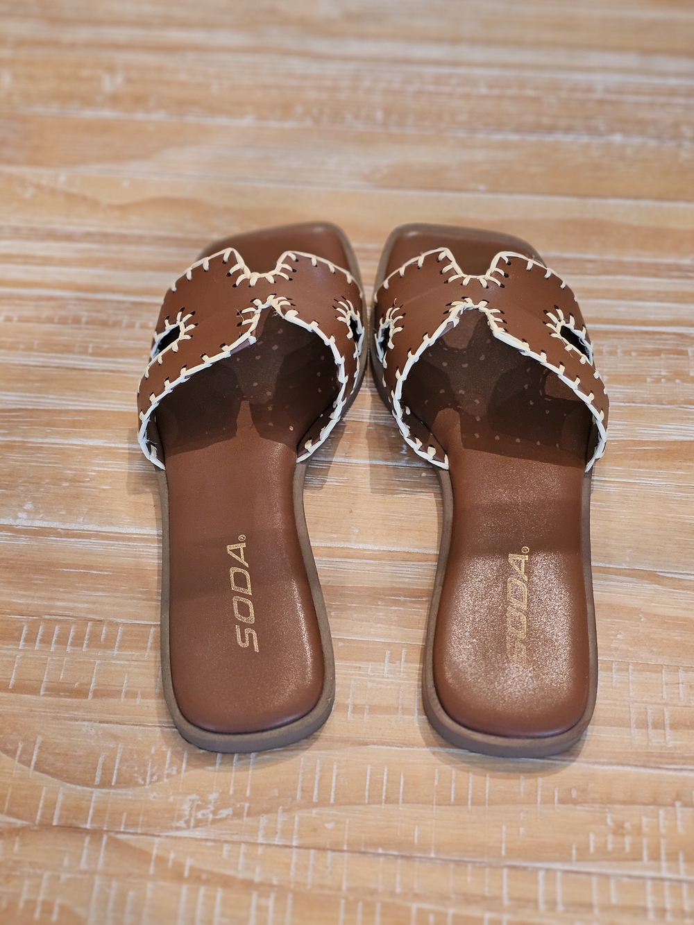 Soda Brown Slide Sandals with Cream Whipstitch Trim - Picture 4 of 4
